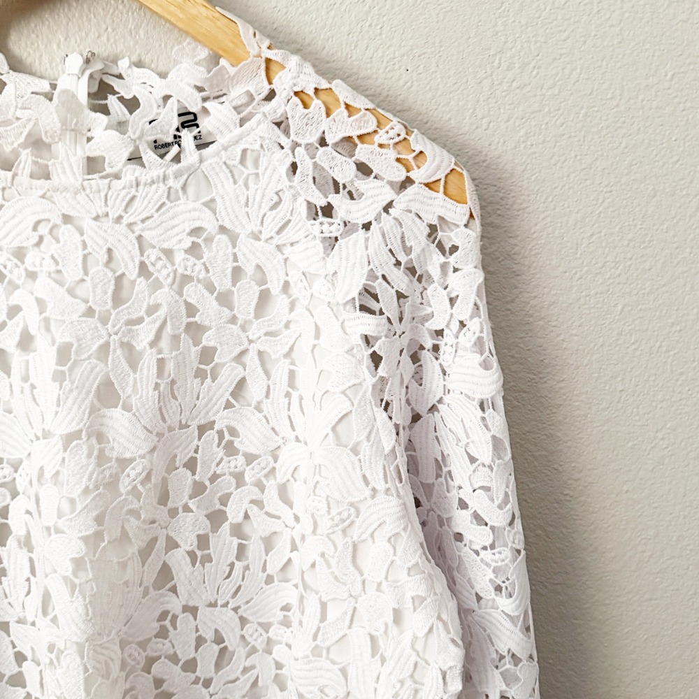Robert Rodriguez White Floral Guipure Lace Mock Neck Blouse Top Large - Picture 3 of 6